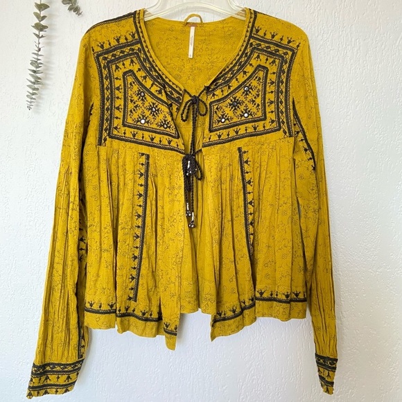 Free People Twilight Embellished Cotton Jacket yellow mustard color Size XS - Picture 10 of 14